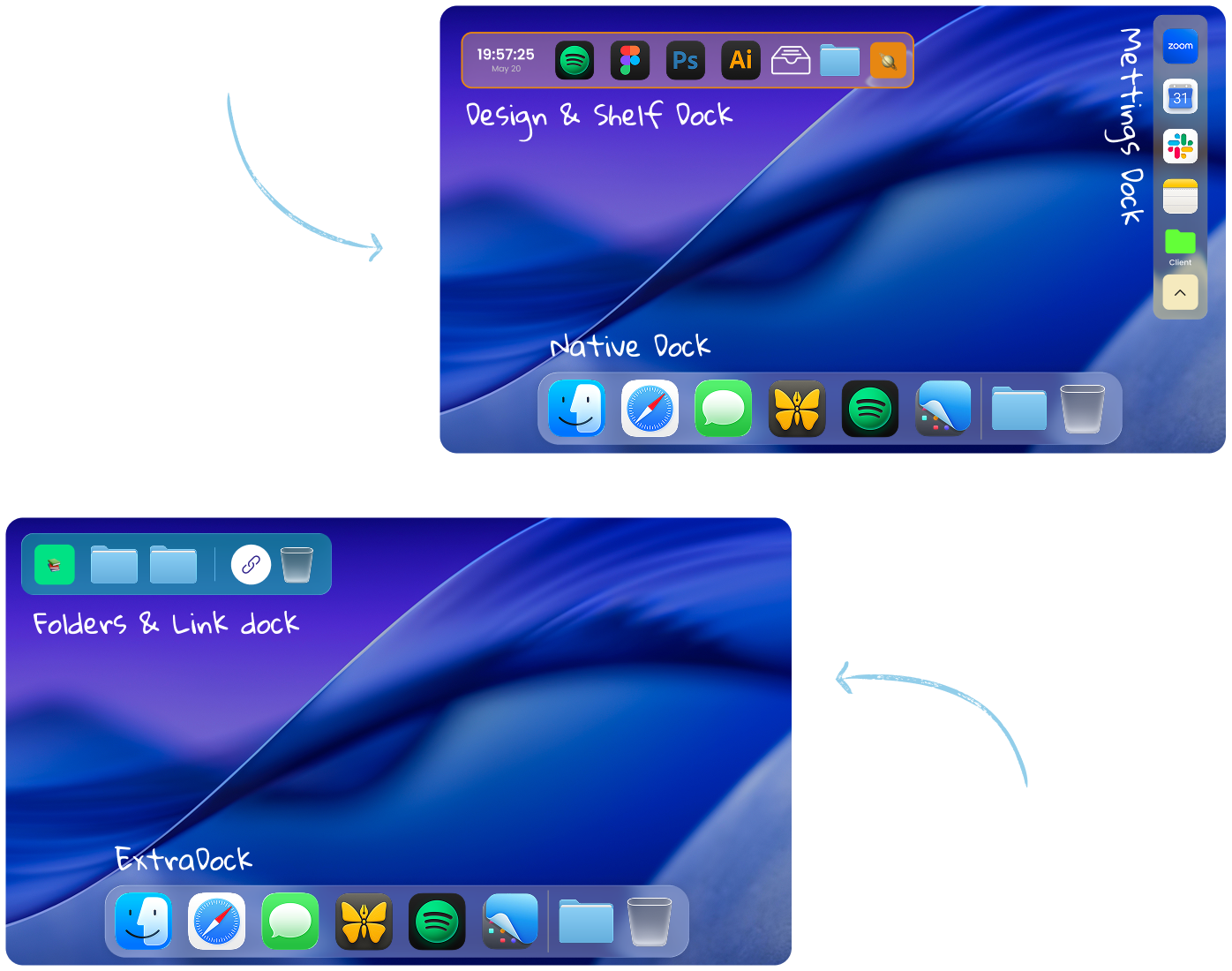 Two Mac screens showing the native Dock and multiple custom ExtraDock layouts